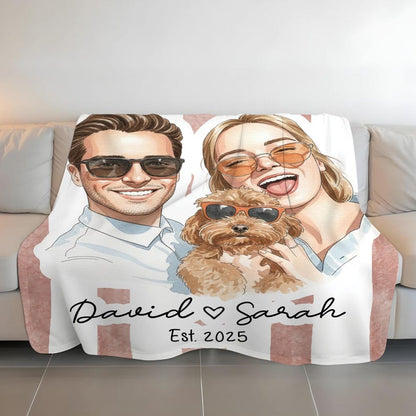Personalized Watercolor Photo Throw Blanket With Text, Custom Family Portrait Blanket