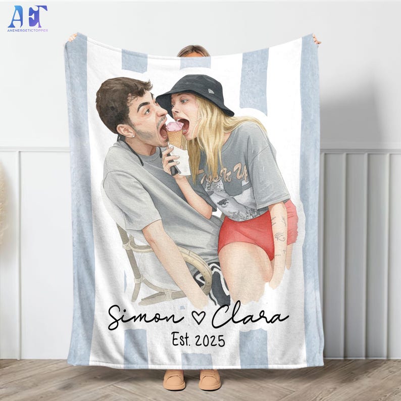 Personalized Watercolor Photo Throw Blanket With Text, Custom Family Portrait Blanket