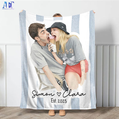 Personalized Watercolor Photo Throw Blanket With Text, Custom Family Portrait Blanket