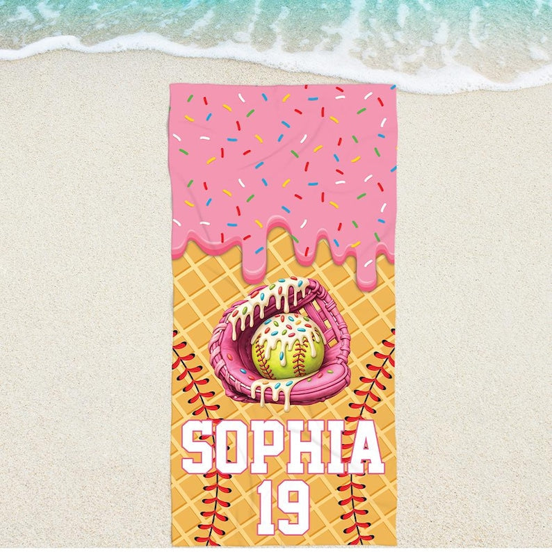 Custom Drip Baseball Beach Towel Personalized Ice Cream Drip Boy Baseball Towel