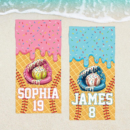 Custom Drip Baseball Beach Towel Personalized Ice Cream Drip Boy Baseball Towel