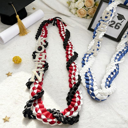 Custom Name Graduation Lei, Pearl Letters Ribbon Lei, Tri-Color Double Braided Necklace
