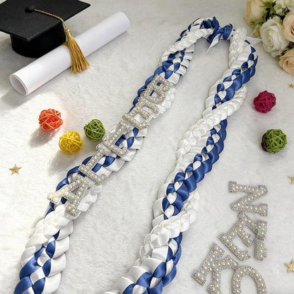 Custom Name Graduation Lei, Pearl Letters Ribbon Lei, Tri-Color Double Braided Necklace