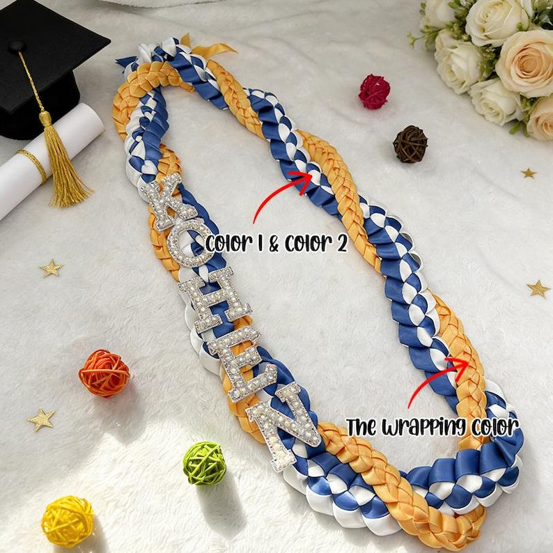 Custom Name Graduation Lei, Pearl Letters Ribbon Lei, Tri-Color Double Braided Necklace