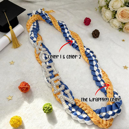 Custom Name Graduation Lei, Pearl Letters Ribbon Lei, Tri-Color Double Braided Necklace