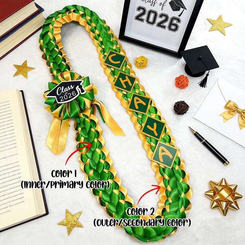 Handmade Personalized Graduation Lei , School Colors Ribbon Lei,