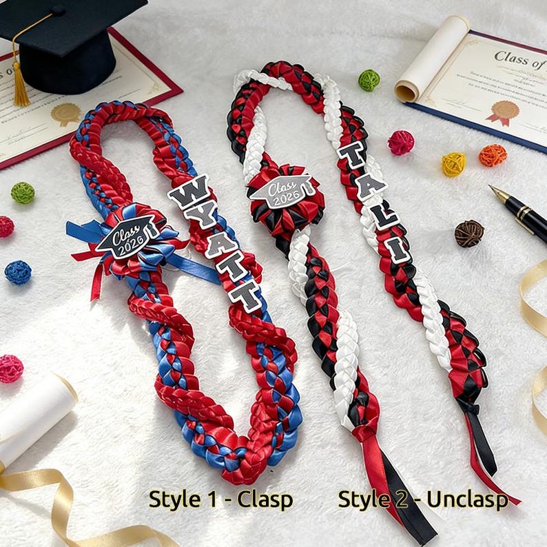 Personalized Tri-Color Graduation Lei , Custom 3 Ribbon Colors, Class of 2026