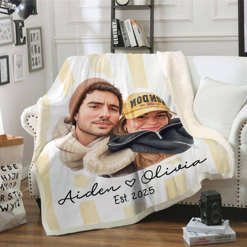 Personalized Watercolor Photo Throw Blanket With Text, Custom Family Portrait Blanket