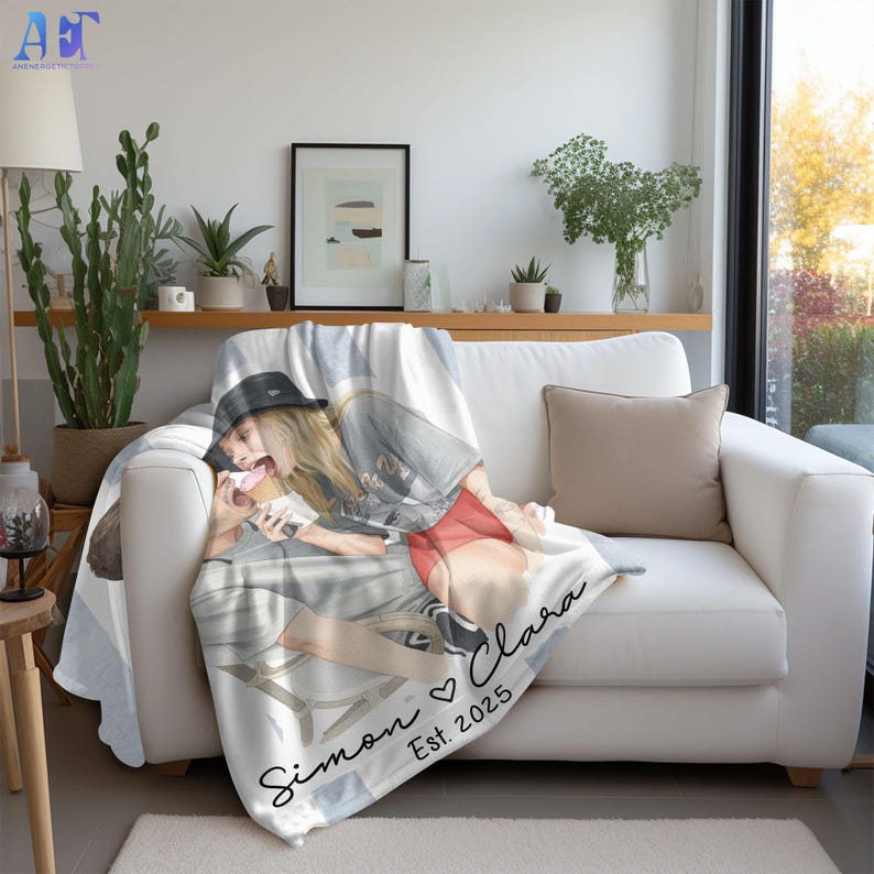 Personalized Watercolor Photo Throw Blanket With Text, Custom Family Portrait Blanket