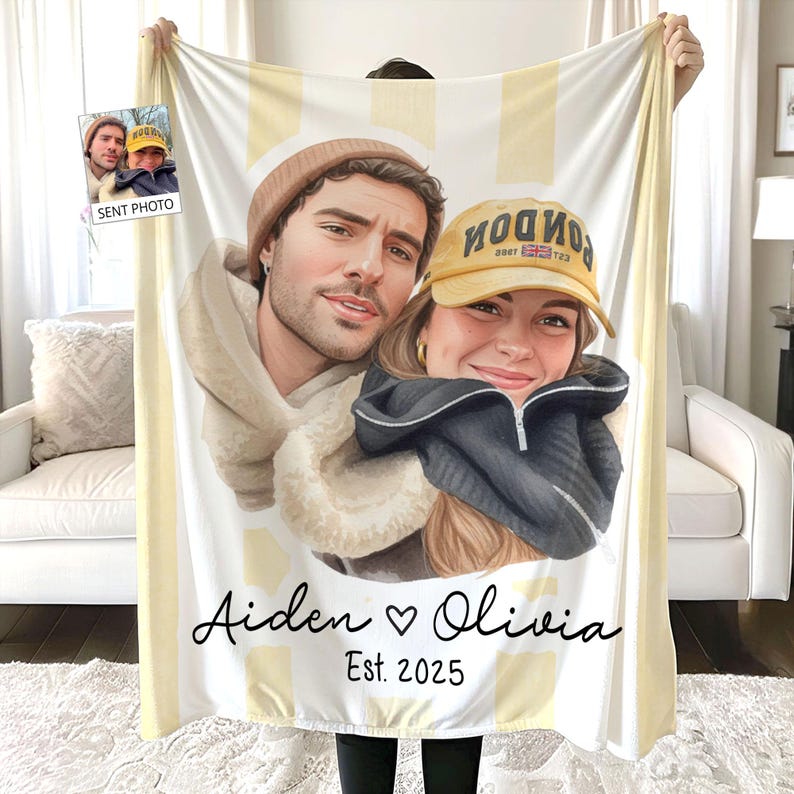 Personalized Watercolor Photo Throw Blanket With Text, Custom Family Portrait Blanket