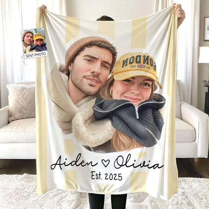 Personalized Watercolor Photo Throw Blanket With Text, Custom Family Portrait Blanket