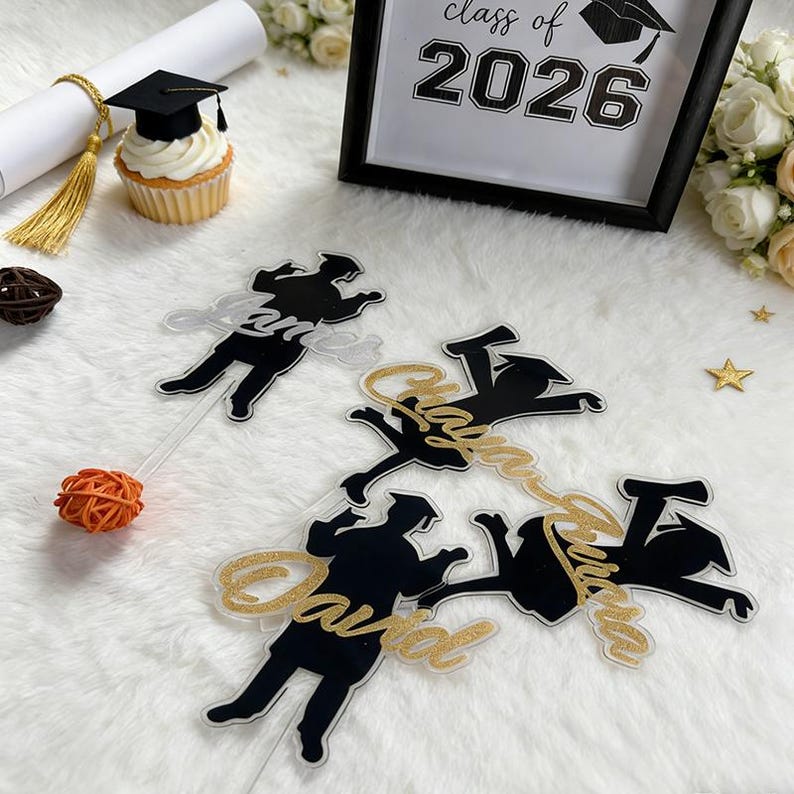 Personalized Graduation Cake Topper，Custom Acrylic Silhouette Boy Girl