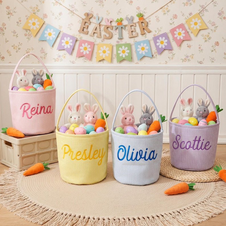Personalized Seersucker Easter Basket, Embroidered Name Kids Basket