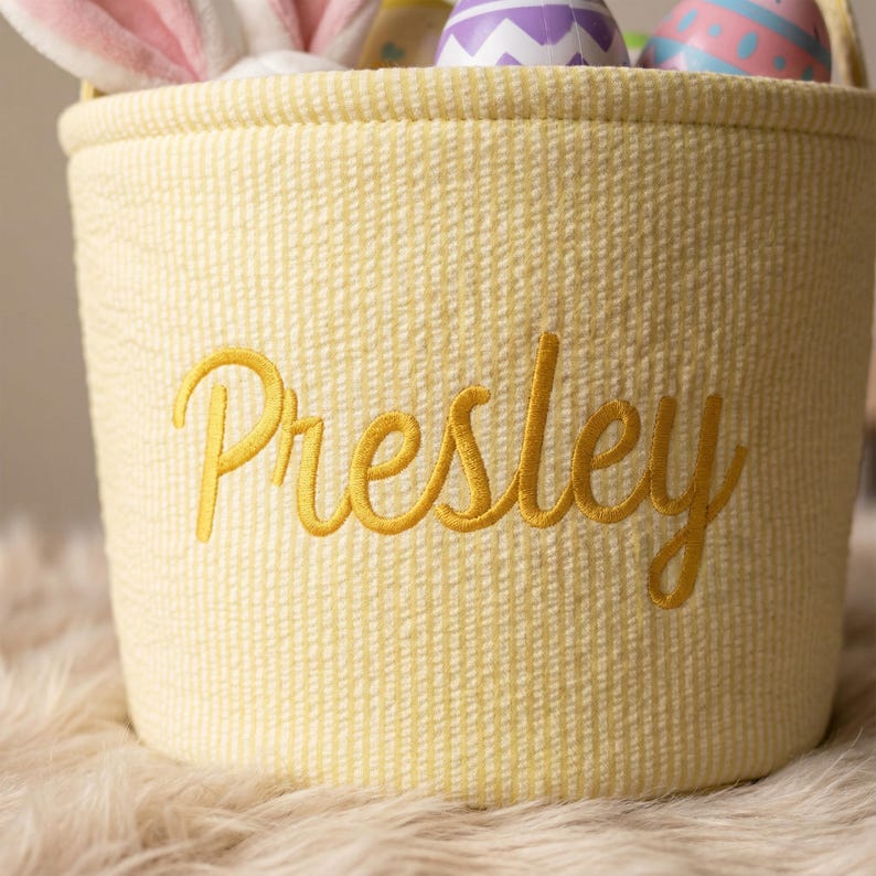 Personalized Seersucker Easter Basket, Embroidered Name Kids Basket
