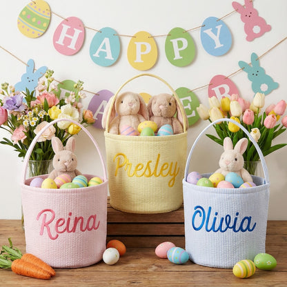 Personalized Seersucker Easter Basket, Embroidered Name Kids Basket