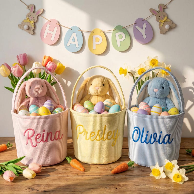 Personalized Seersucker Easter Basket, Embroidered Name Kids Basket