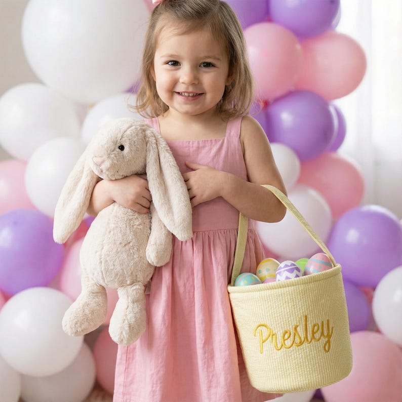 Personalized Seersucker Easter Basket, Embroidered Name Kids Basket