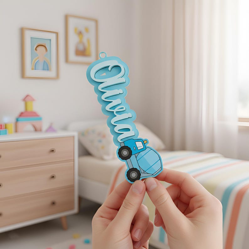 Personalized Name Keychain, Construction Truck Bag Tag for Boys