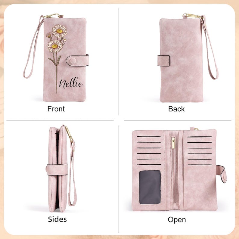 Personalized Birth Flower Leather Wallet For Women Gift for Mom Custom Birth Flower Wallet