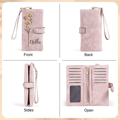 Personalized Birth Flower Leather Wallet For Women Gift for Mom Custom Birth Flower Wallet