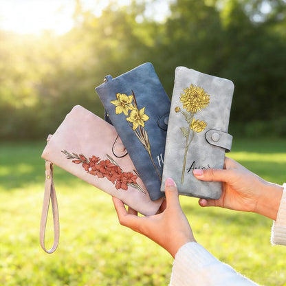 Personalized Birth Flower Leather Wallet For Women Gift for Mom Custom Birth Flower Wallet