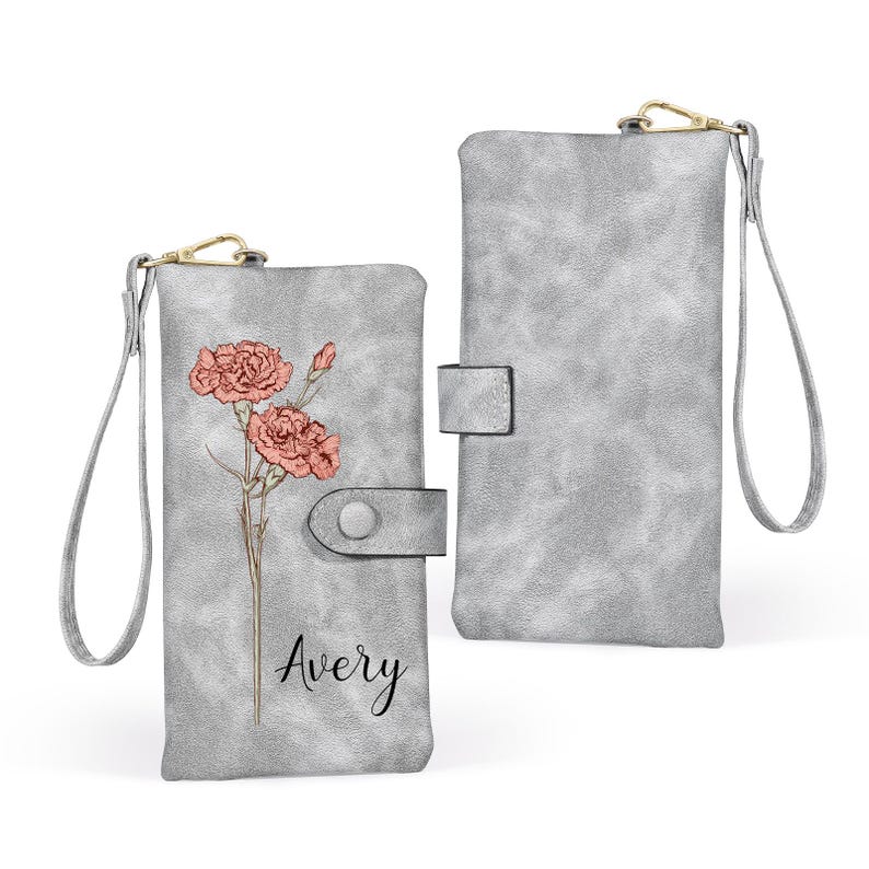 Personalized Birth Flower Leather Wallet For Women Gift for Mom Custom Birth Flower Wallet