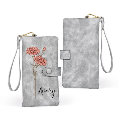 Personalized Birth Flower Leather Wallet For Women Gift for Mom Custom Birth Flower Wallet