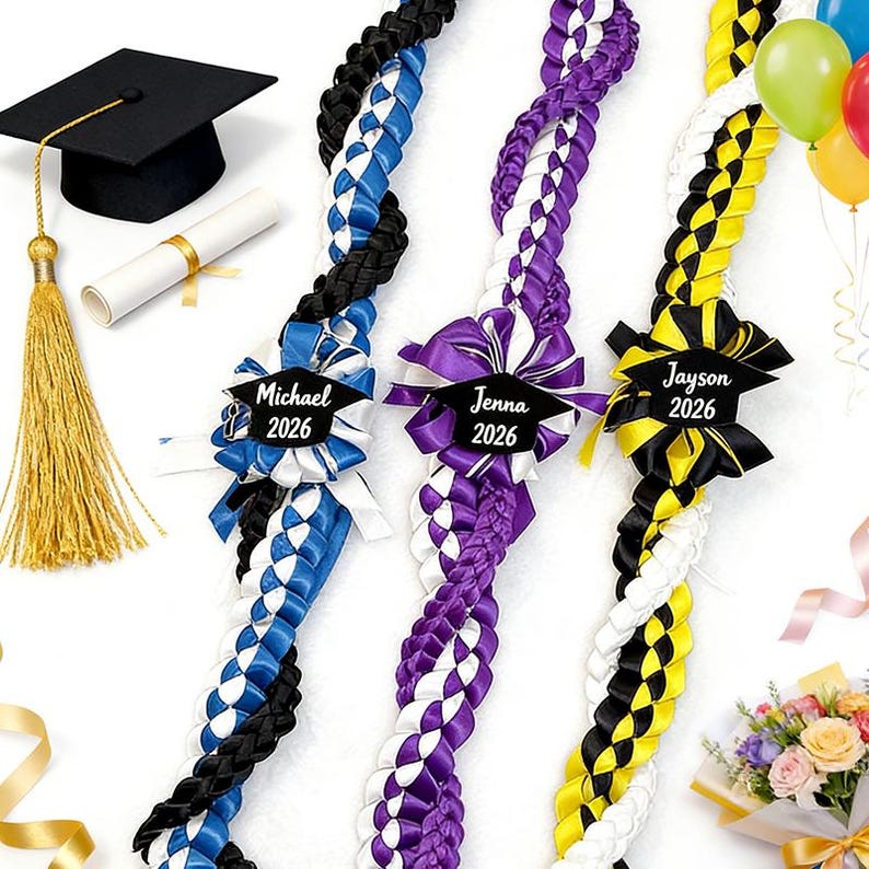 Personalized Tri-Color Graduation Lei, Custom 3 Ribbon Colors, Class of 2026 Senior Gift