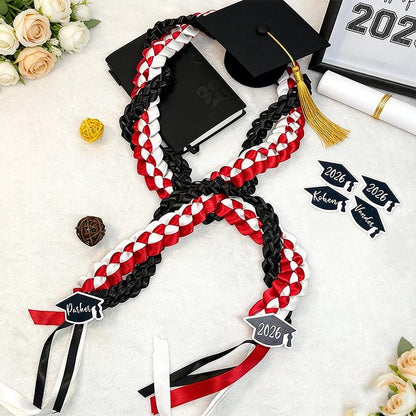 Personalized Tri-Color Graduation Lei, Acrylic Name & Year Ends, Custom 3 Ribbon Colors
