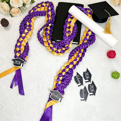 Personalized Tri-Color Graduation Lei, Acrylic Name & Year Ends, Custom 3 Ribbon Colors