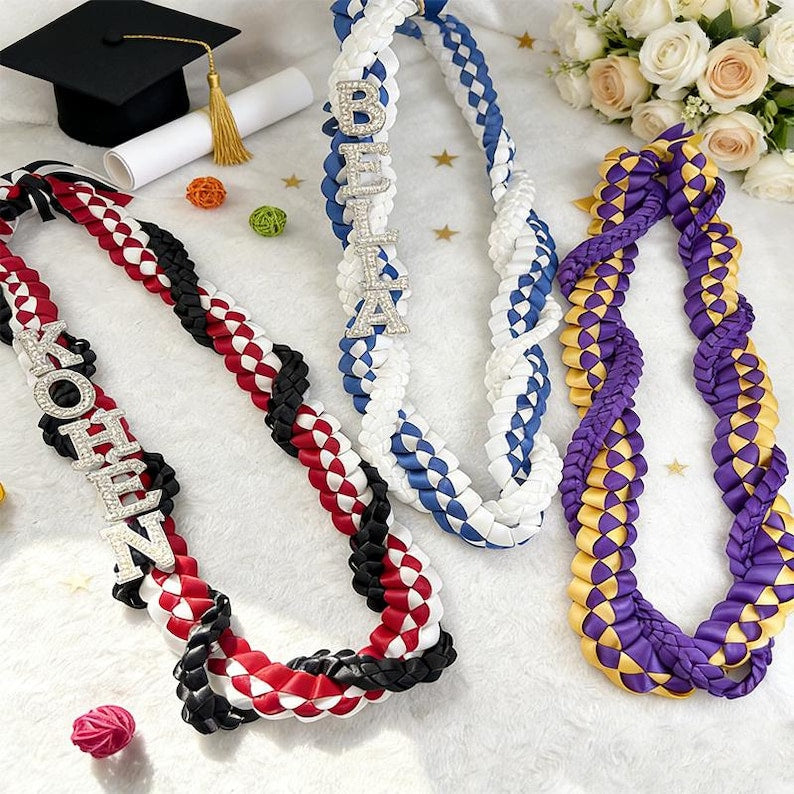 Custom Name Graduation Lei, Pearl Letters Ribbon Lei, Tri-Color Double Braided Necklace