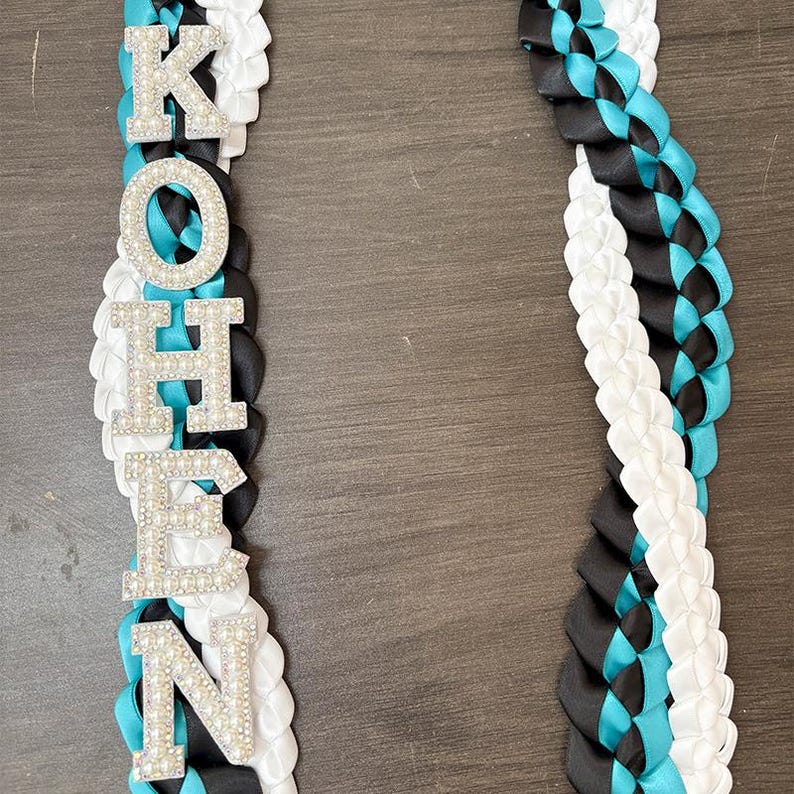 Custom Name Graduation Lei, Pearl Letters Ribbon Lei, Tri-Color Double Braided Necklace
