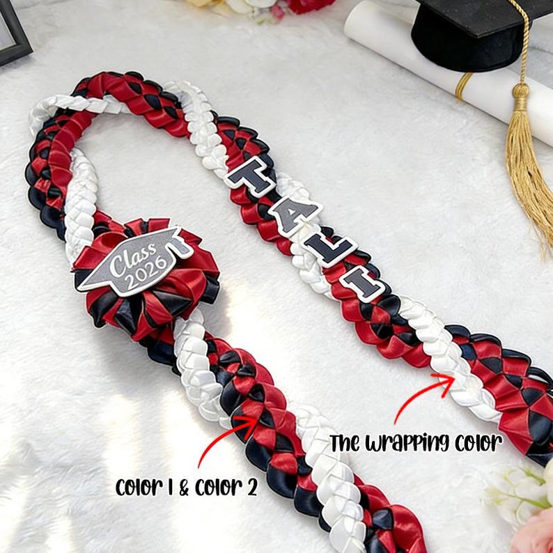 Personalized Tri-Color Graduation Lei , Custom 3 Ribbon Colors, Class of 2026