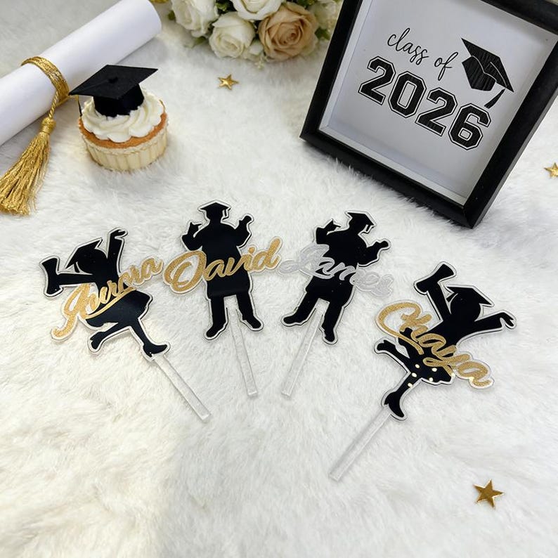 Personalized Graduation Cake Topper，Custom Acrylic Silhouette Boy Girl