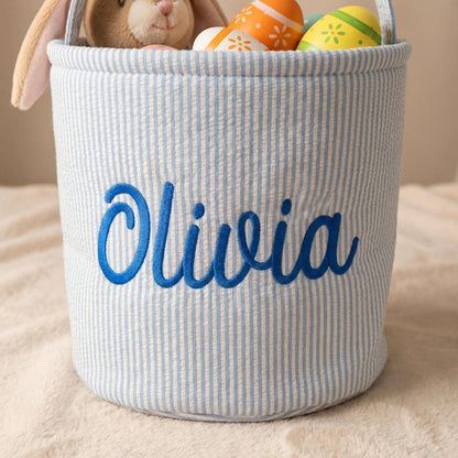 Personalized Seersucker Easter Basket, Embroidered Name Kids Basket