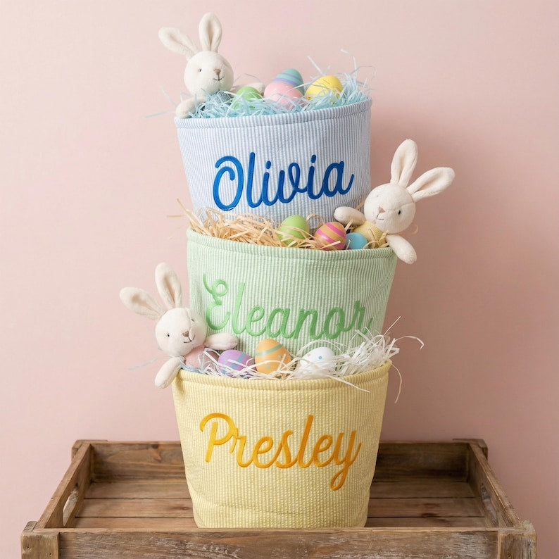 Personalized Seersucker Easter Basket, Embroidered Name Kids Basket