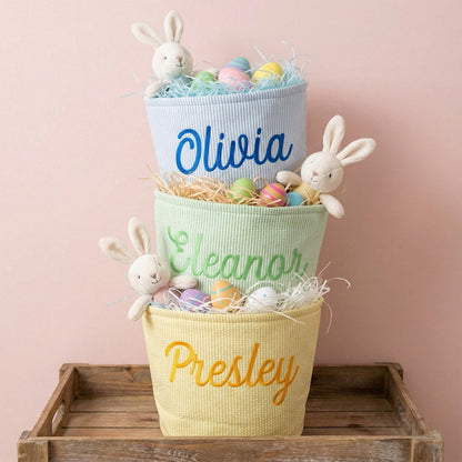 Personalized Seersucker Easter Basket, Embroidered Name Kids Basket