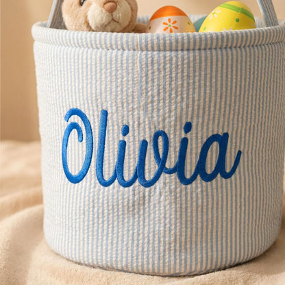 Personalized Seersucker Easter Basket, Embroidered Name Kids Basket