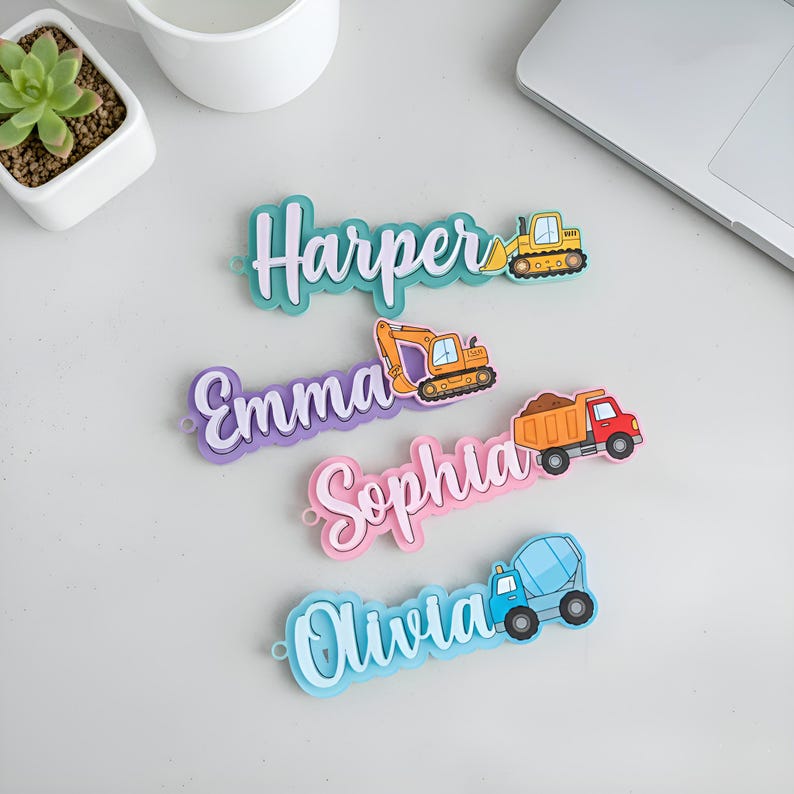 Personalized Name Keychain, Construction Truck Bag Tag for Boys
