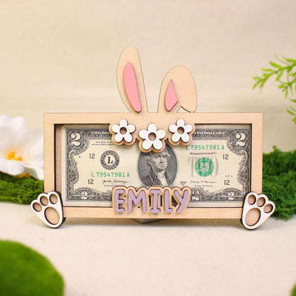Personalized Name Bunny Money Holder, Wooden Easter Cash Holder Gift for Kids