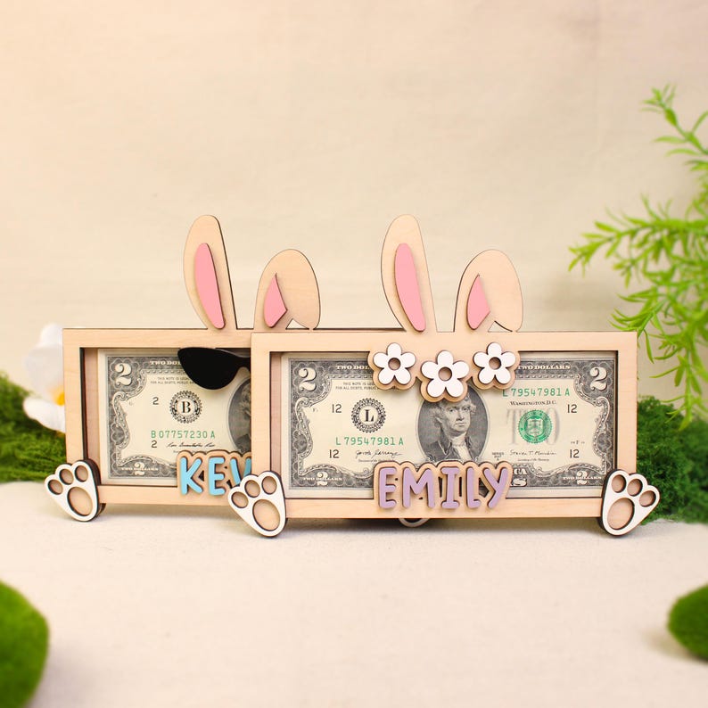 Personalized Name Bunny Money Holder, Wooden Easter Cash Holder Gift for Kids
