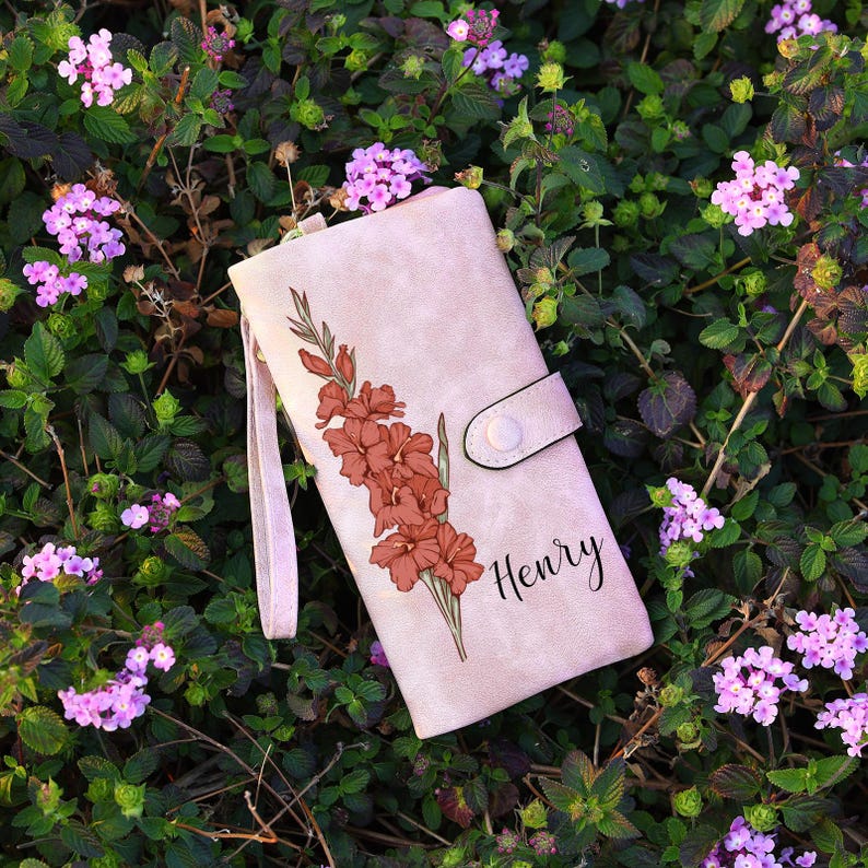 Personalized Birth Flower Leather Wallet For Women Gift for Mom Custom Birth Flower Wallet