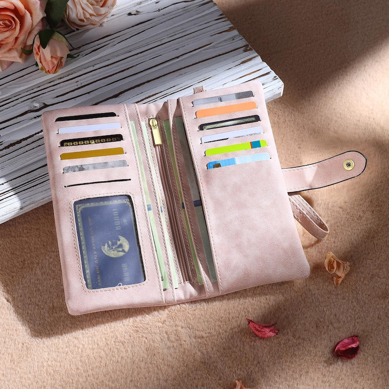 Personalized Birth Flower Leather Wallet For Women Gift for Mom Custom Birth Flower Wallet
