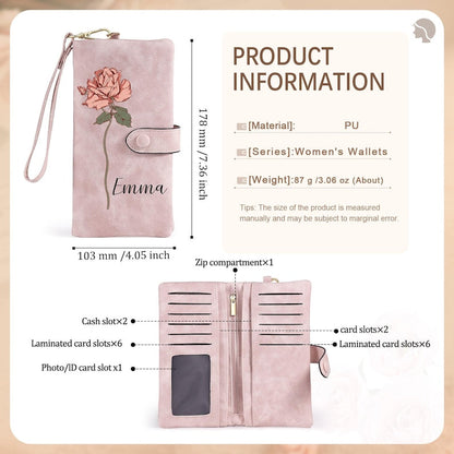 Personalized Birth Flower Leather Wallet For Women Gift for Mom Custom Birth Flower Wallet