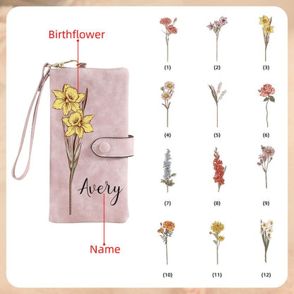 Personalized Birth Flower Leather Wallet For Women Gift for Mom Custom Birth Flower Wallet