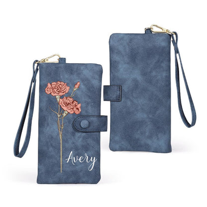 Personalized Birth Flower Leather Wallet For Women Gift for Mom Custom Birth Flower Wallet