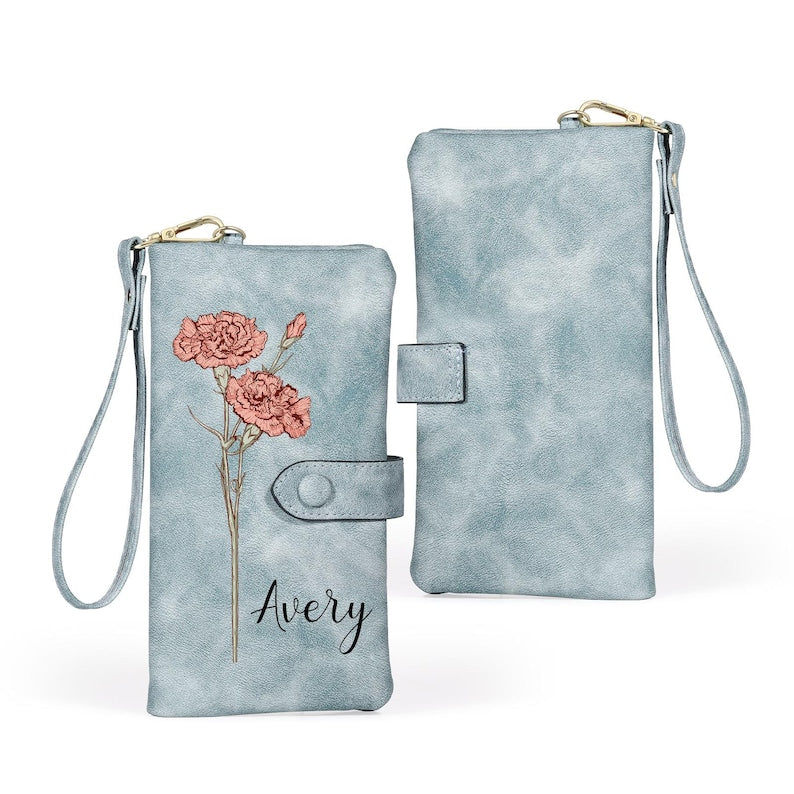 Personalized Birth Flower Leather Wallet For Women Gift for Mom Custom Birth Flower Wallet