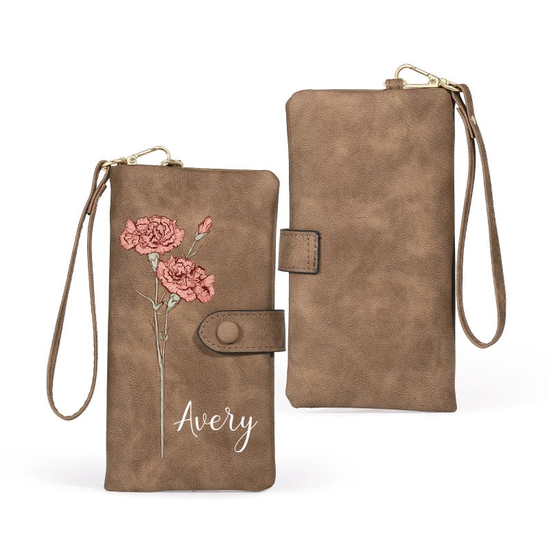 Personalized Birth Flower Leather Wallet For Women Gift for Mom Custom Birth Flower Wallet