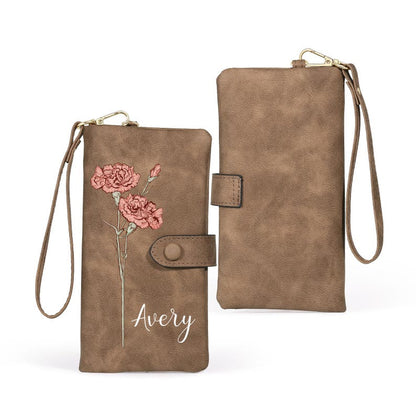 Personalized Birth Flower Leather Wallet For Women Gift for Mom Custom Birth Flower Wallet