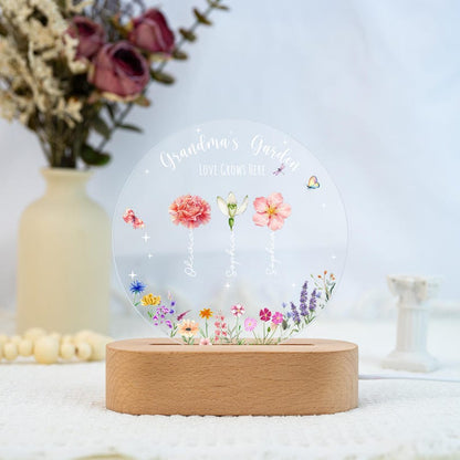 Personalized Grandma's Garden Night Light, Birth Month Flower LED Lamp, Mother's Day Gift